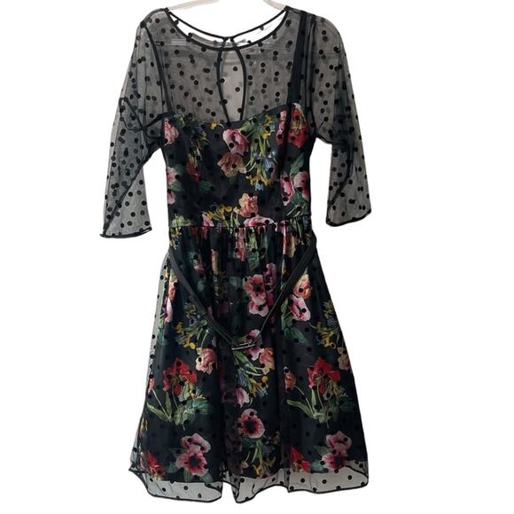 City Chic Poppy Spot Dress Floral with Polka Dot Mesh Overlay Black Multi 16 - Picture 1 of 10